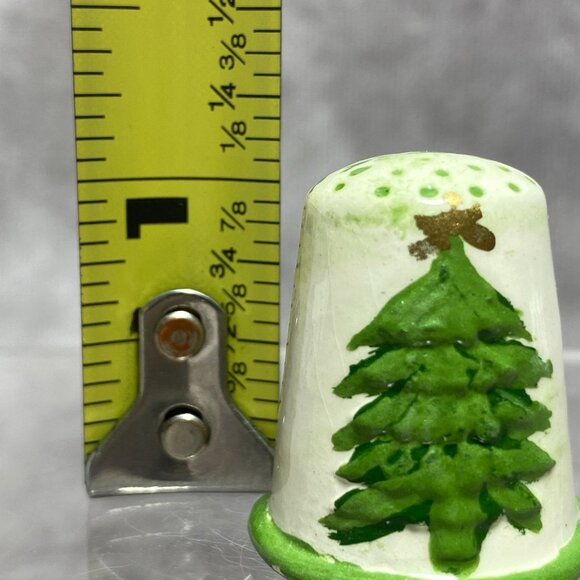Hand-Painted Wooden Thimble With Green Christmas Tree Design & Polka Dot Top - Picture 9 of 9